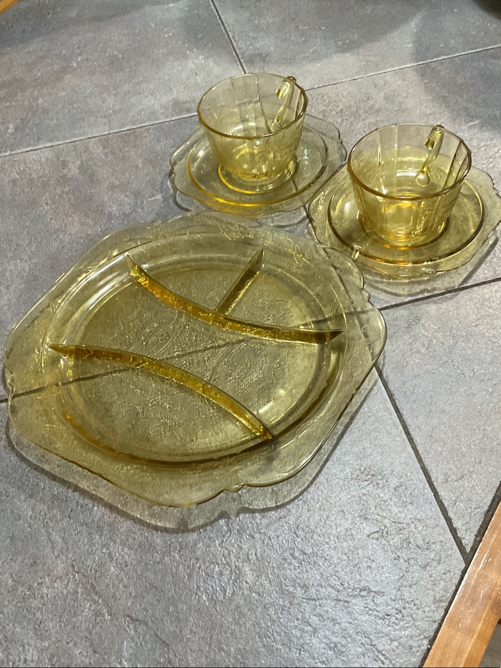 Amber Glass Divided Serving Plate and Teacup Set - Yellow